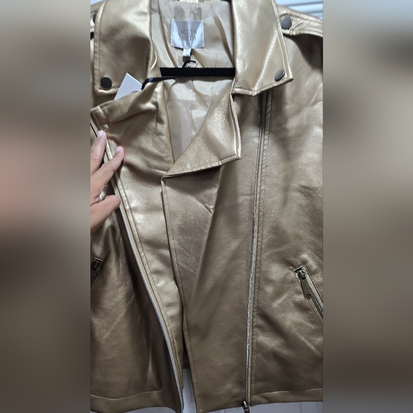 Jaclyn Smith Moto Jacket WOMEN LARGE gold Faux Leather spread collar - Picture 5 of 8